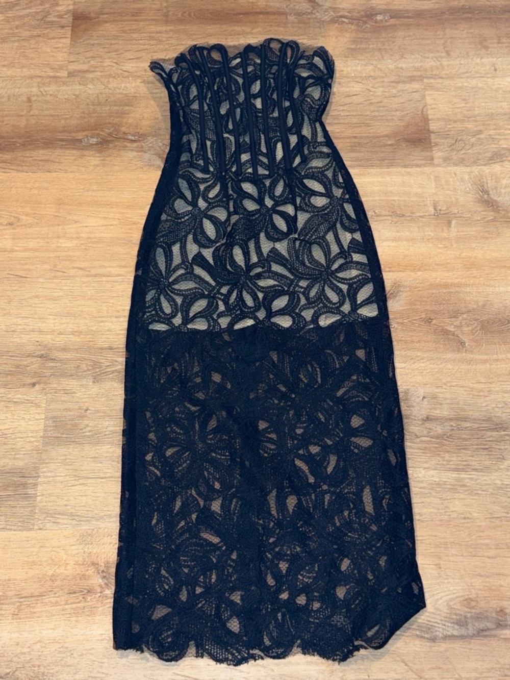 Black Lace Midi Dress with Floral Cutout Detail